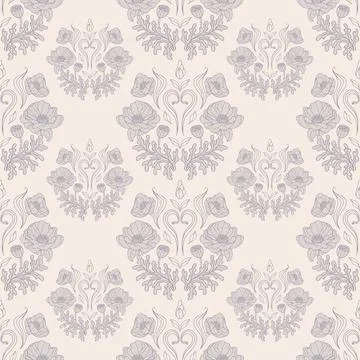 Vintage seamless pattern of Gray graceful poppy bud on a beige background. Art Stock Illustration