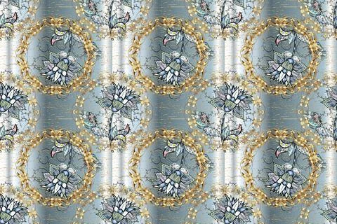 Vintage seamless pattern on a gray, neutral and blue colors with golden elements Illustrazione stock