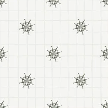 Vintage seamless pattern with grey ship wheel elements. Light chequered backg Stock Illustration