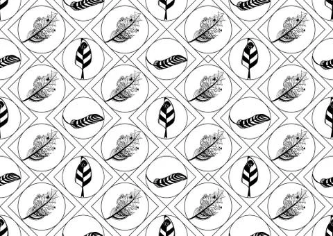 Vintage seamless pattern with hand-drawn feathers and arrows. Stock Illustration
