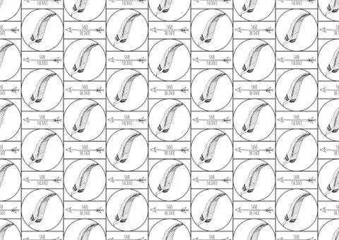 Vintage seamless pattern with hand-drawn feathers and arrows. Stock Illustration