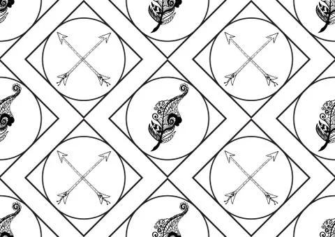 Vintage seamless pattern with hand-drawn feathers and arrows. Illustrazione stock