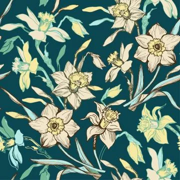 Vintage seamless pattern with hand drawn flowers daffodils, narcissus on light Stock Illustration