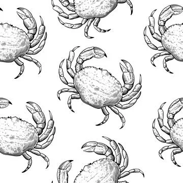 Vintage seamless pattern with hand drawn crabs in sketch engraving style. Se Stock Illustration