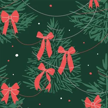 Vintage seamless pattern with hand drawn coquette Christmas trees decorated Illustrazione stock