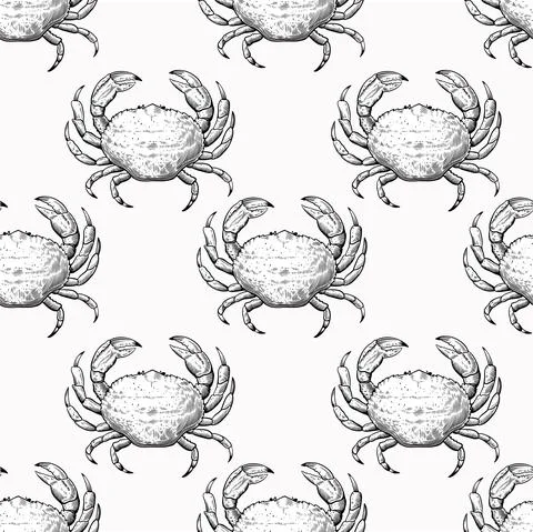 Vintage seamless pattern with hand drawn crabs in sketch engraving style. Sea 스톡 사진