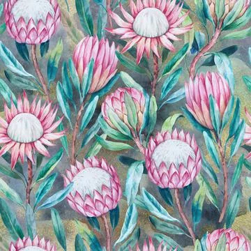 Vintage seamless pattern with hand painted luxury glittering protea flowers. Stock Illustration