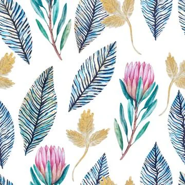 Vintage seamless pattern with hand painted luxury glittering protea flowers. Stock Illustration