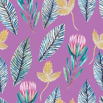 Vintage seamless pattern with hand painted luxury glittering protea flowers. Illustrazione stock