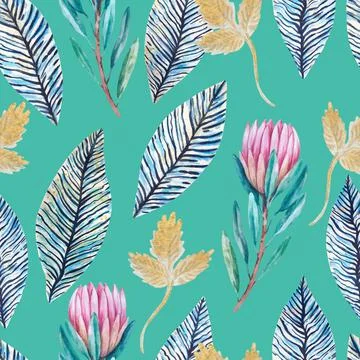 Vintage seamless pattern with hand painted luxury glittering protea flowers. Stock Illustration