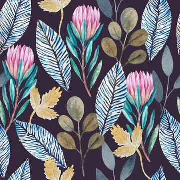 Vintage seamless pattern with hand painted luxury glittering protea flowers. Stock Illustration