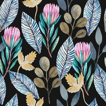 Vintage seamless pattern with hand painted luxury glittering protea flowers. Stock Illustration