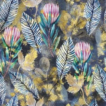 Vintage seamless pattern with hand painted luxury glittering protea flowers. Illustrazione stock