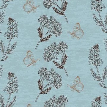 Vintage seamless pattern with herbs on a blue background Illustrazione stock