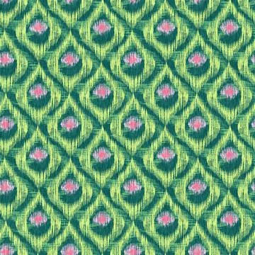Vintage seamless pattern in ikat style. Retro green ikat pattern with peaco.. Stock Illustration