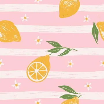 Vintage seamless pattern with lemons, bloom on striped background. Summer Stock Illustration