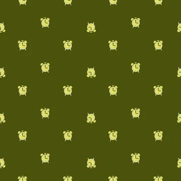 Vintage seamless pattern with little doodle alarm clock ornament. Green olive Stock Illustration