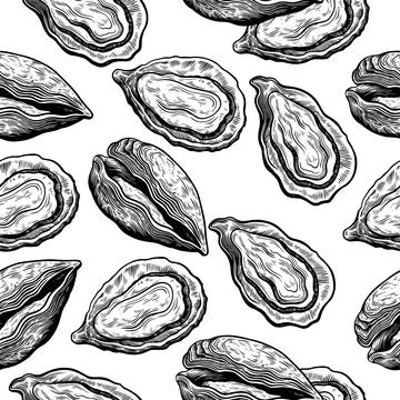 Vintage seamless pattern with oyster shells in engraving sketch hand drawn Stock Illustration