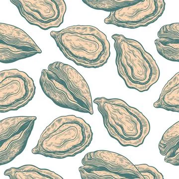 Vintage seamless pattern with oyster shells in engraving sketch hand drawn Illustrazione stock