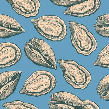 Vintage seamless pattern with oyster shells in engraving sketch hand drawn Illustrazione stock
