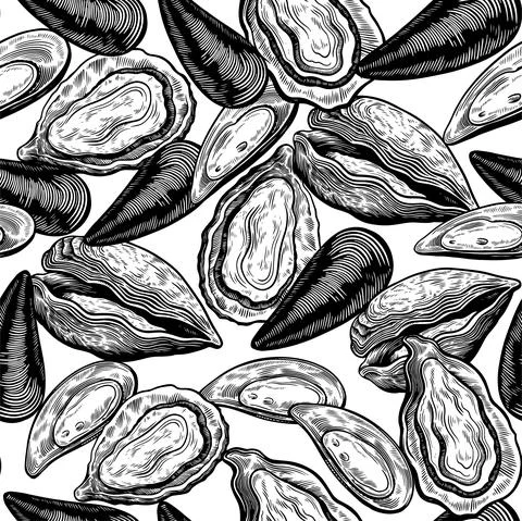 Vintage seamless pattern with oyster shells in engraving sketch hand drawn Stock Photos