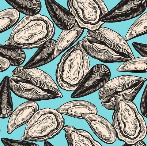 Vintage seamless pattern with oyster shells in engraving sketch hand drawn Stock Photos