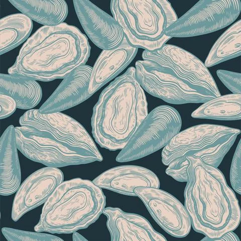 Vintage seamless pattern with oyster shells in engraving sketch hand drawn Foto stock