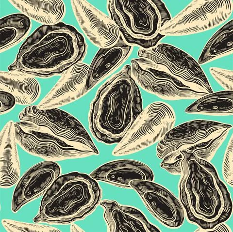Vintage seamless pattern with oyster shells in engraving sketch hand drawn Stock Photos