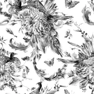 Vintage seamless pattern with pair of peacocks Stock Illustration