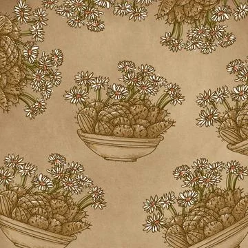 Vintage seamless pattern with pine cones and chamomile flowers Stock Illustration