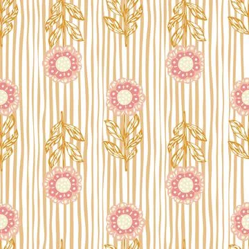 Vintage seamless pattern with pink colored folk flowers elements. Striped bac Illustrazione stock