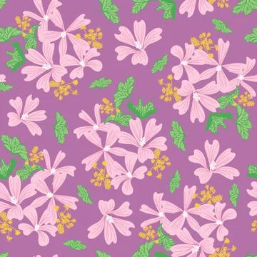 Vintage seamless pattern with pink flowers on purple background Stock Illustration