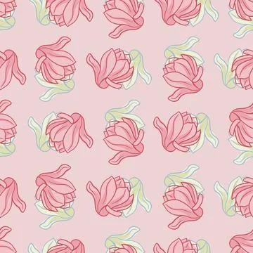 Vintage seamless pattern with pink outline magnolia flowers shapes. Pink past Stock Illustration