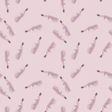 Vintage seamless pattern with random old bottles with messages. Lilac pale ba Illustrazione stock