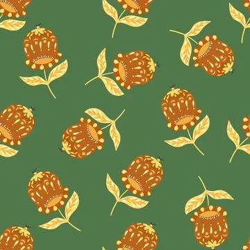 Vintage seamless pattern with random orange folk flowers buds elements. Pale  Illustrazione stock