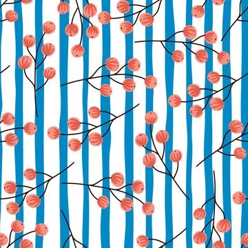 Vintage seamless pattern with random red berries elements shapes. Blue and wh イラスト素材