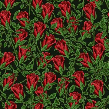 Vintage seamless pattern with red buds of roses Stock Illustration