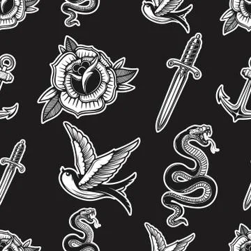 Vintage seamless pattern with snakes, swallows, knives, roses. Vector illustr Stock Illustration