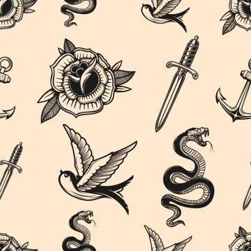 Vintage seamless pattern with snakes, swallows, knives, roses. Vector illustr Stock Illustration