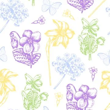 Vintage seamless pattern with violets and daffodil. Stock Illustration