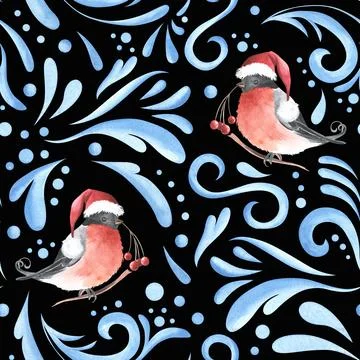 Vintage seamless pattern. Winter birds. Blue frost abstarct swirls. Botanical Stock Illustration