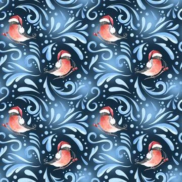 Vintage seamless pattern. Winter birds. Blue frost abstarct swirls. Botanical Stock Illustration