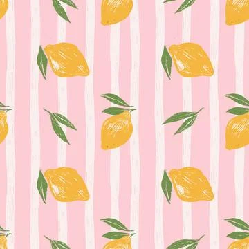 Vintage Seamless pattern with yellow lemons on pink and white striped background イラスト素材
