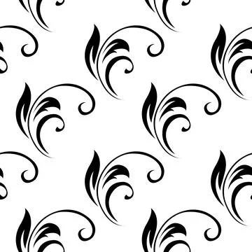 Vintage seamless plant pattern of black stylized stems, leaves and curls on.. Illustrazione stock