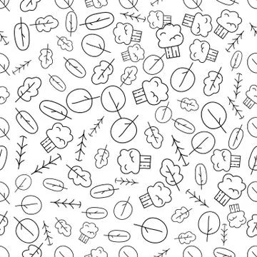 Vintage seampless pattern with linear trees. Retro forest silhouette line art Stock Illustration