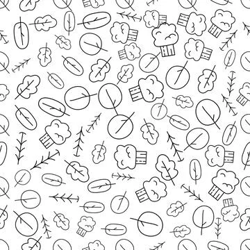 Vintage seampless pattern with linear trees. Retro forest silhouette line art Illustrazione stock
