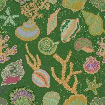 Vintage seashell botanical pattern with folk coastal nautical motifs hand dra Stock Illustration