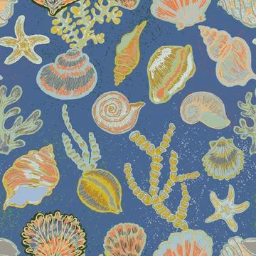Vintage seashell botanical pattern with folk coastal nautical motifs hand dra Stock Illustration