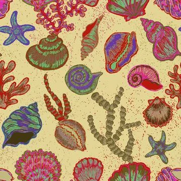 Vintage seashell botanical pattern with folk coastal nautical motifs hand dra Stock Illustration