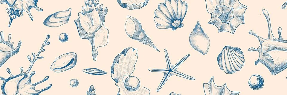 Vintage seashell pattern with hand drawn sketches Illustrazione stock